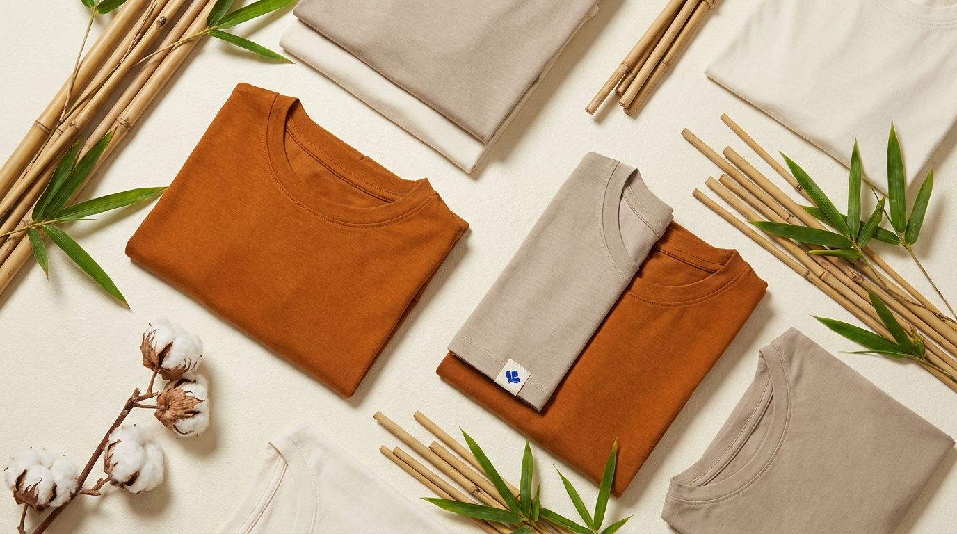Bamboo fiber eco t-shirts flat-lay arrangement with bamboo stalks and organic cotton bolls, earthy amber tones, studio lighting