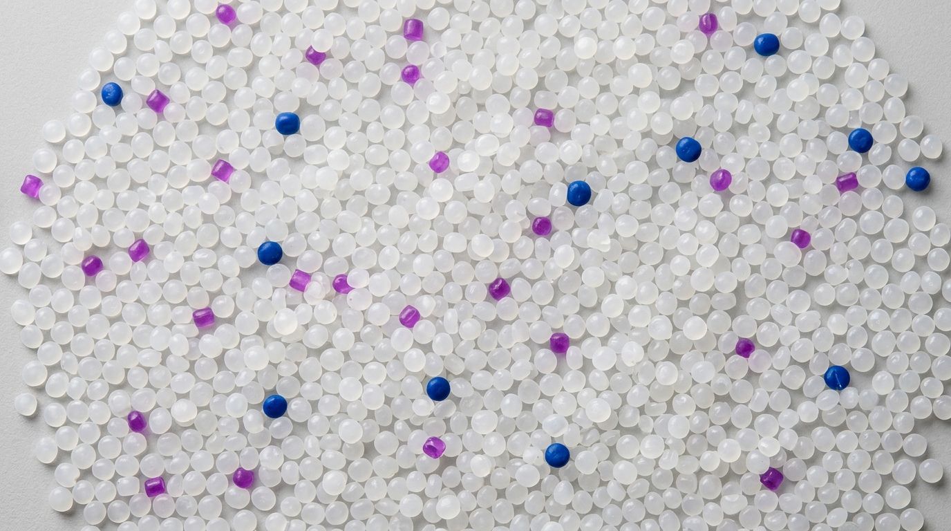 Flat-lay top-down arrangement of polyethylene PE resin pellets on a neutral surface representing Brazil import cost analysis