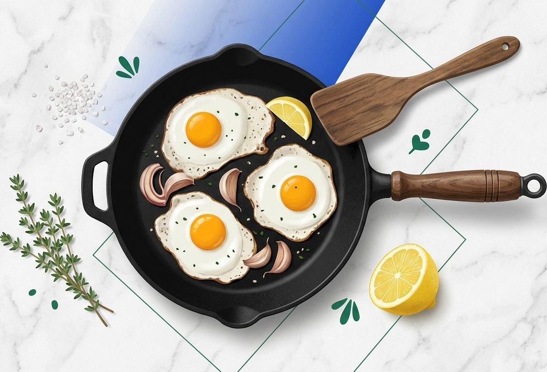 Korean Cast Iron Frying Pan editorial flat-lay showing a well-seasoned dark cast iron skillet with wooden spatula, fresh herbs, and lemon wedge arranged on cream linen surface, forest-green accent with subtle deep-blue brand cue, studio lighting