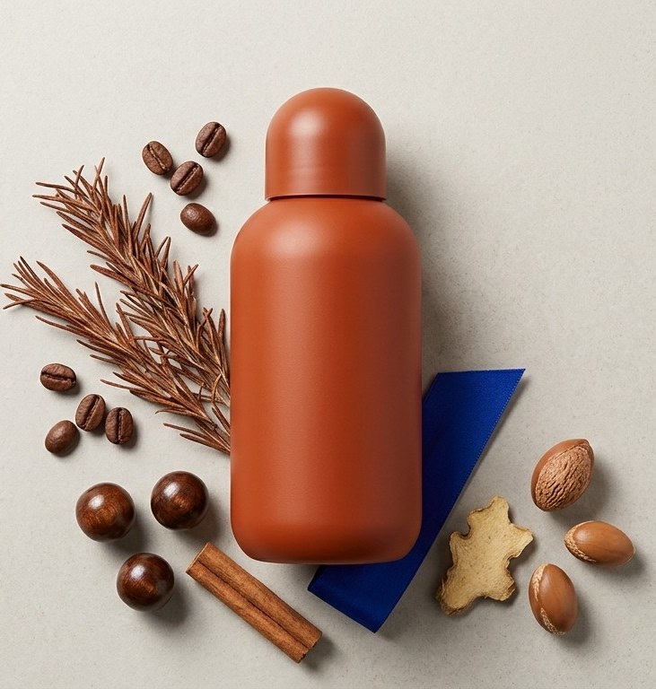 Anti-hair-loss shampoo bottle flat-lay with rosemary, ginger, coffee bean, and cinnamon botanicals on a neutral studio surface, terracotta accent and deep-blue brand cue