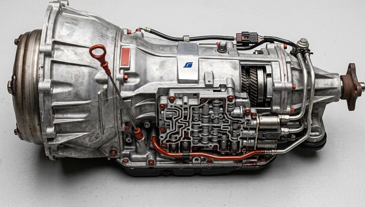 Automatic transmission unit shown in a clean studio product shot with deep-blue brand accent details, illustrating the type of gearbox assembly shipped from Korea to Egypt