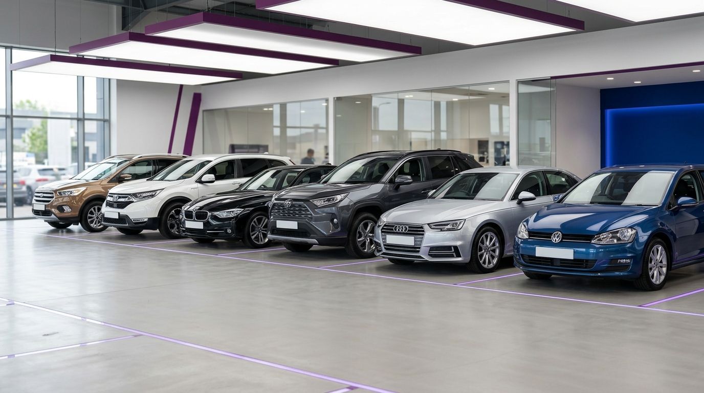 Used passenger cars in a clean lineup arrangement, representing Egypt import landed cost and customs duty analysis for Korean sedan exporters