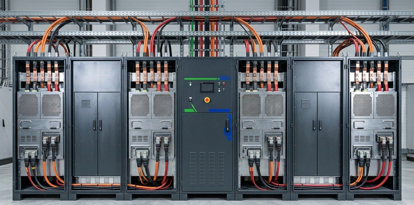 Industrial energy storage systems (ESS) battery cabinets in a studio arrangement, representing stationary storage units subject to EU Batteries Regulation certification