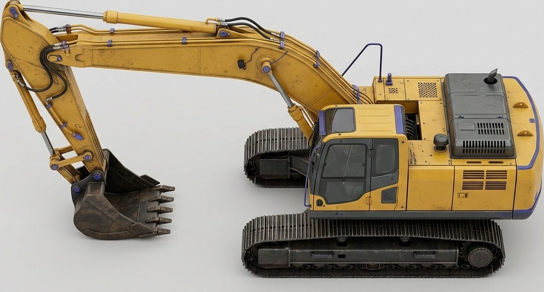 Photorealistic excavator in a clean studio arrangement, representing UAE and GCC heavy equipment import market opportunity and single-duty customs analysis
