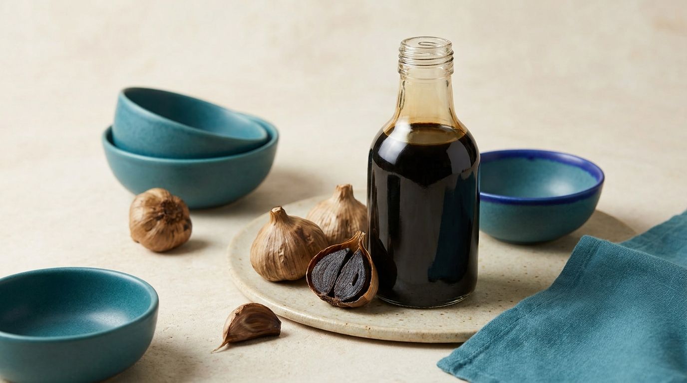 Fermented Black Garlic Extract single-serve pouches and dark amber vials arranged in a wide editorial flat-lay with teal-teal accent surfaces and a deep-blue brand cue — Korean halal-certified functional food for UAE GCC import