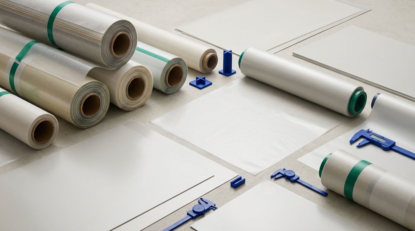 High-Strength Structural Adhesive Film rolls and sheets in flat-lay studio arrangement showing precision industrial bonding material for Japan export