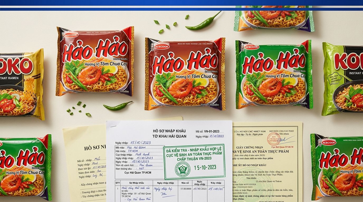 Instant Ramen Noodles flat-lay with Vietnamese import customs documents and food safety checklist