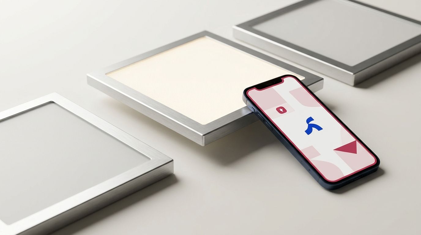 Editorial illustration of a Korean Smart LED Panel Light: sleek square luminaire panels with flush-mount aluminium frames, one panel glowing warm-white alongside a smartphone displaying a minimalist lighting-control app, rose-crimson accents with a subtle deep-blue brand cue, evoking IoT-enabled Smart LED Panel Light import for the Japan commercial lighting market