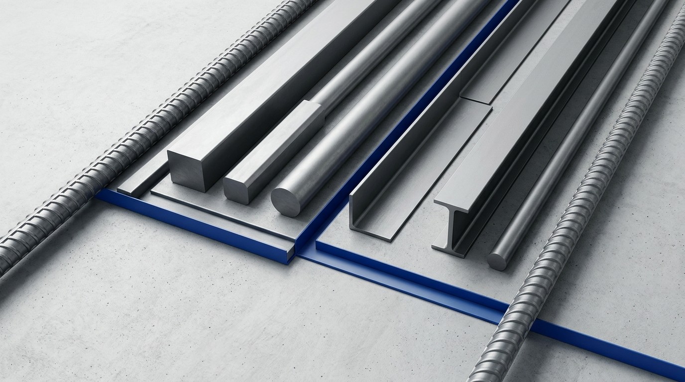 Flat-lay of construction steel long products -- ribbed rebar, square and round steel bars, angle iron, and I-beam structural sections -- on a light studio surface with a deep-blue brand accent panel
