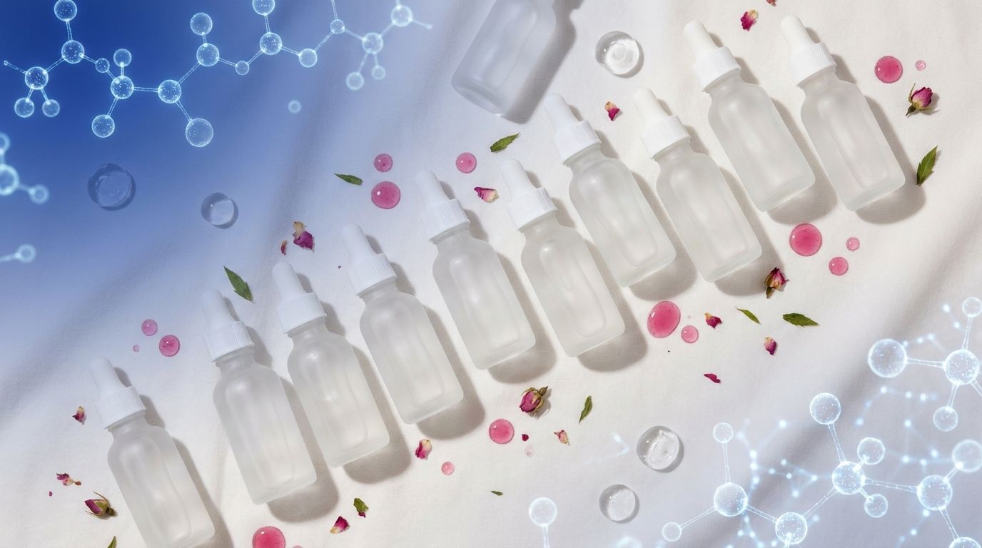 Hyaluronic ampoule serum editorial illustration showing label-free frosted glass serum bottles in flat-lay overhead arrangement with rose-pink accent drops and K-beauty studio lighting