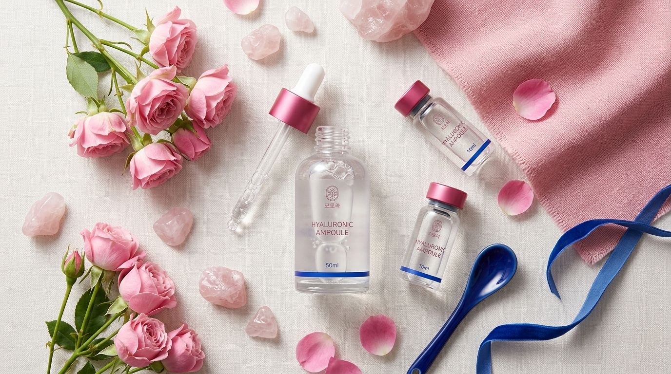 Korean Hyaluronic Ampoule Serum product photography — glass dropper bottles flat-lay with rose pink accent details for US import guide