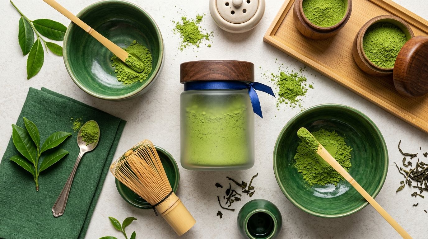 Flat-lay of Korean organic green tea powder in ceramic bowls, a glass storage jar tied with a blue ribbon, and loose green tea leaves on a light neutral surface