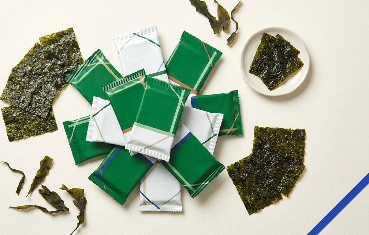 Crispy Roasted Seaweed Mixed Snack multipacks flat-lay with laver, wakame and kelp sheets on cream surface, forest-green accent, studio lighting