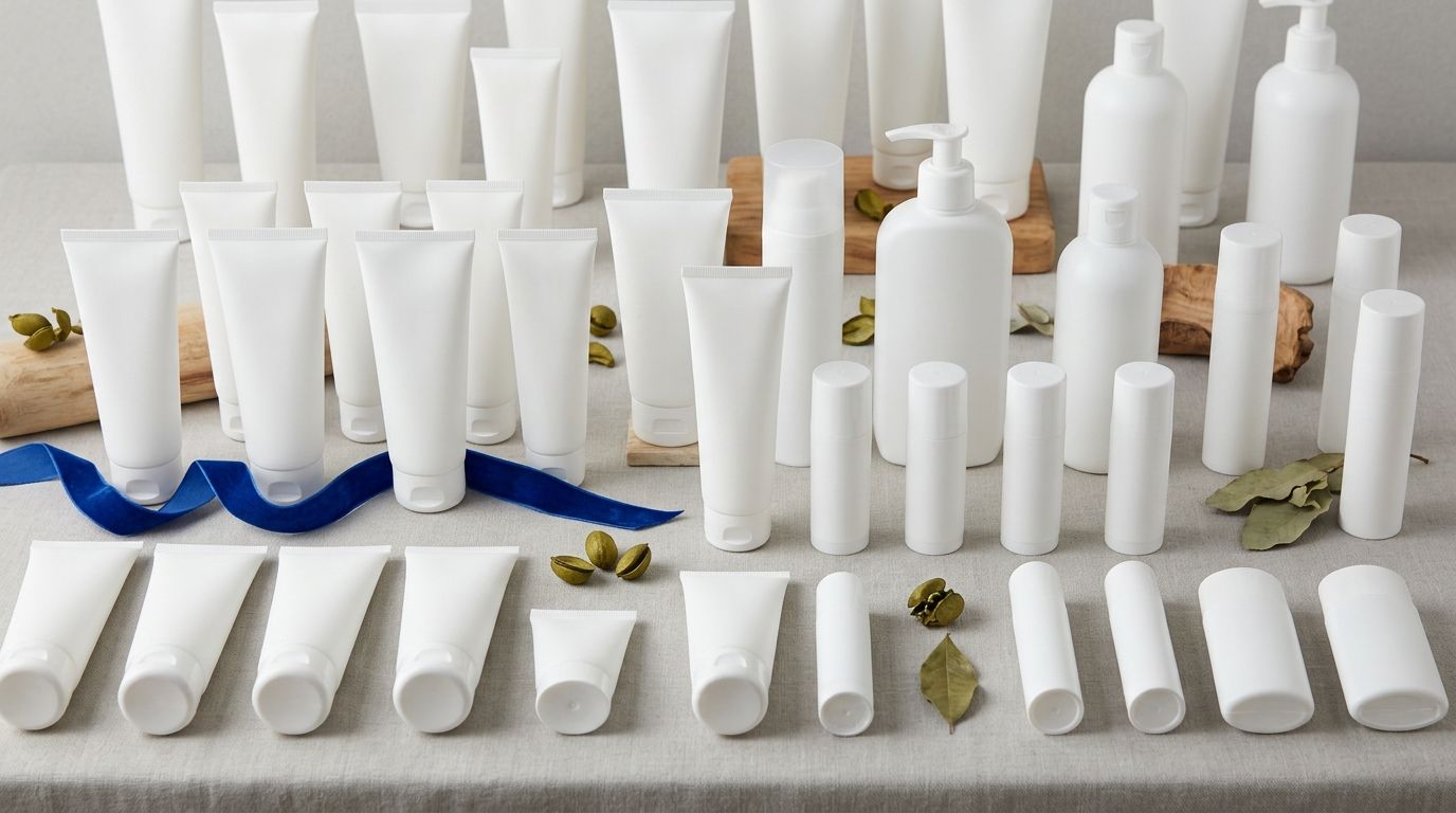 Photorealistic studio flat-lay of unbranded white Sunscreen tubes and bottles arranged on a light linen surface with a deep-blue ribbon accent, representing the Korean Sunscreen export opportunity in the Vietnam import market