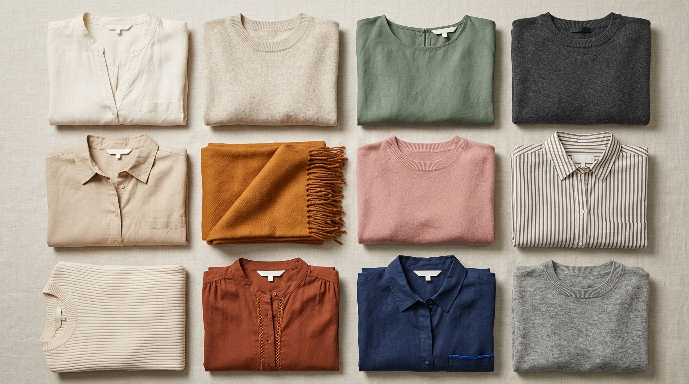 Women's apparel flat-lay of neatly folded blouses and knit tops for a US import duty and KORUS yarn-forward guide