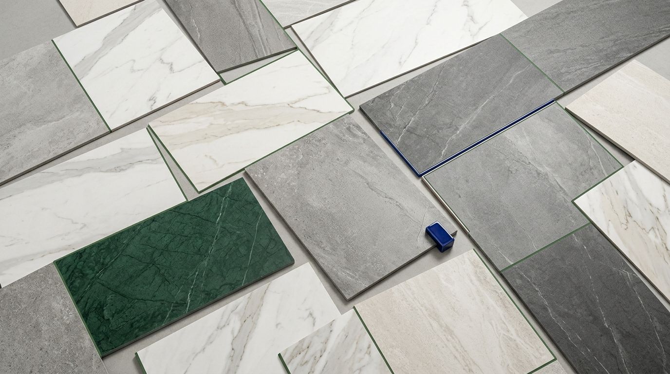 Large Format Porcelain Slab Tile flat-lay studio photography showing 1200x2400mm vitrified tile panels with green accent details for Singapore import guide