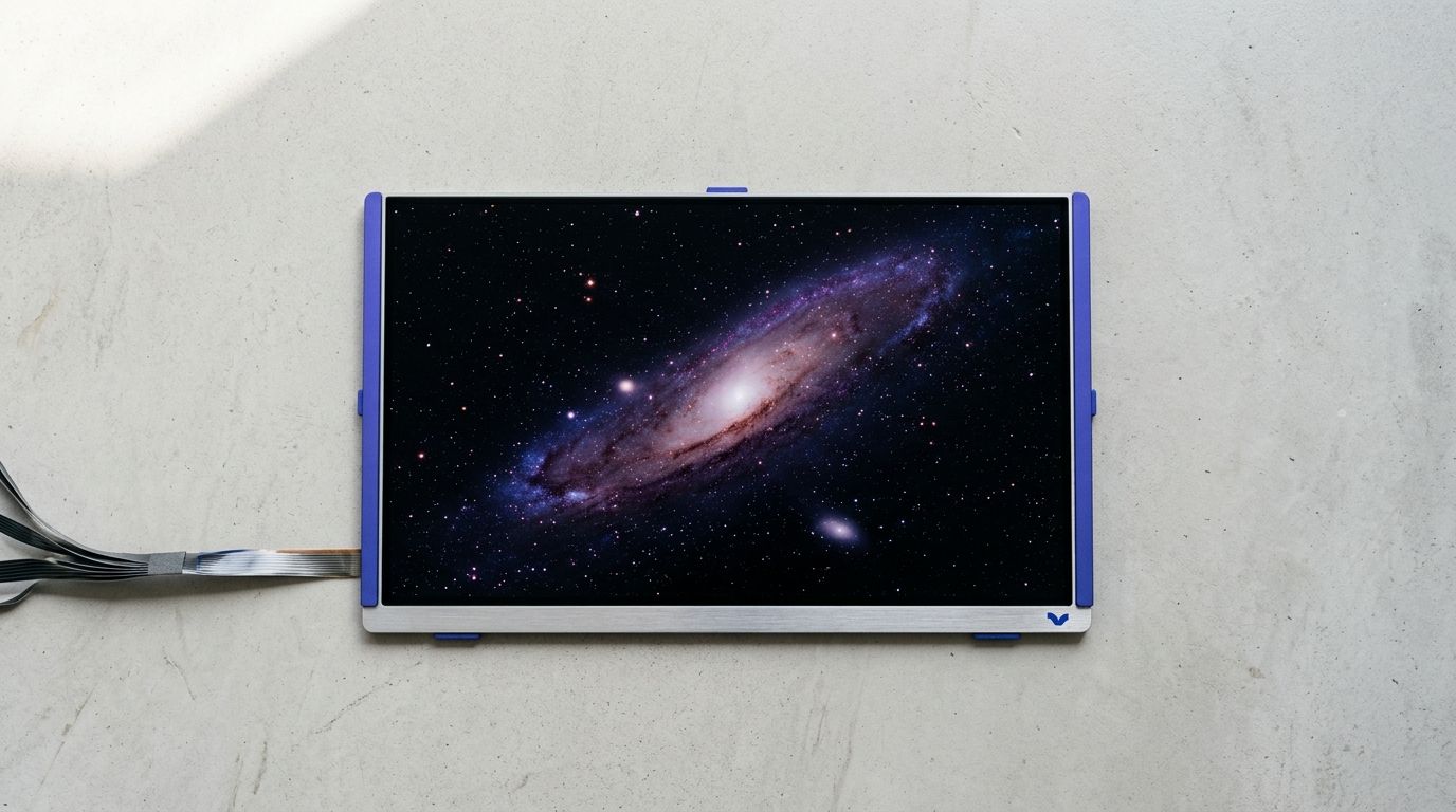 OLED display panel shown in a clean studio product shot with indigo brand accent details, illustrating the type of display module reviewed for RCM and EESS import compliance in the Australian market