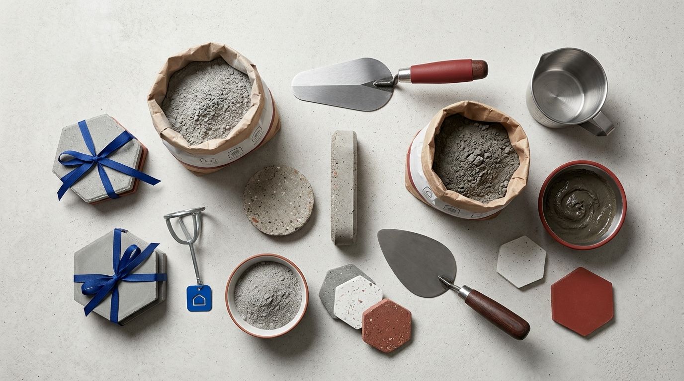 Flat-lay of polymer cement bags, trowels, and cured mortar samples for Chile import cost guide