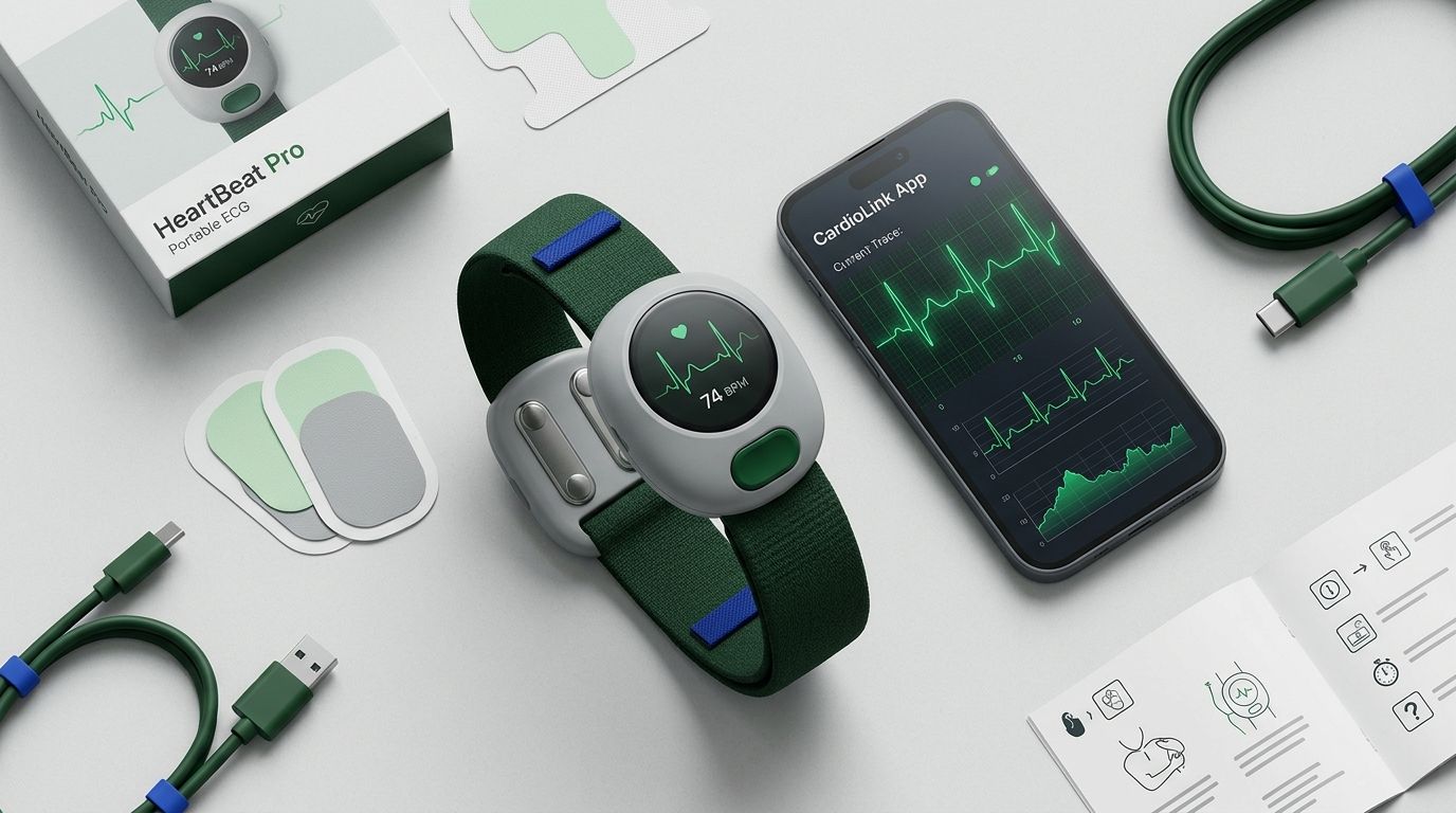 Portable ECG monitor flat-lay top-down view with compact wearable heart rhythm device showing electrode contacts alongside smartphone displaying ECG waveform app, deep-green accent, studio lighting