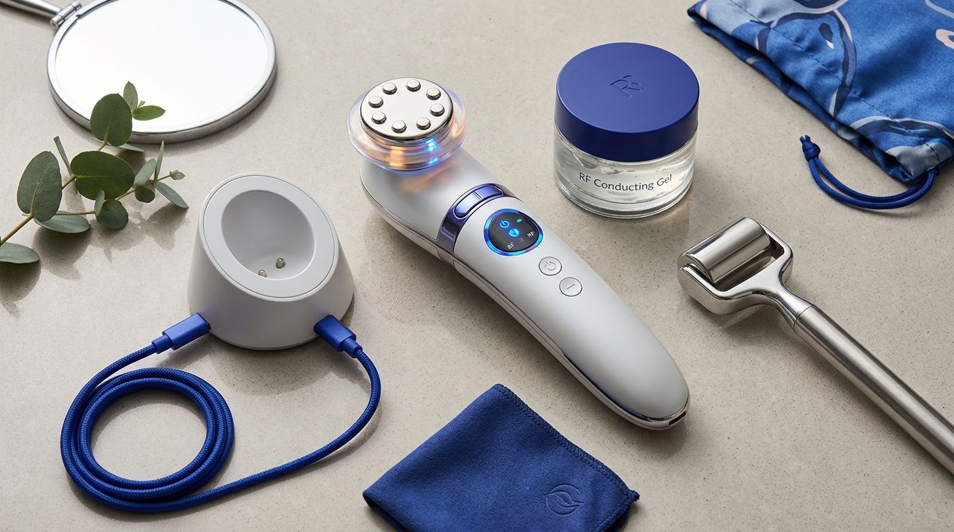 RF Lifting Wand Home Aesthetic Device flat-lay studio arrangement showing TGA ARTG-compliant Korean aesthetic export product with indigo accent details
