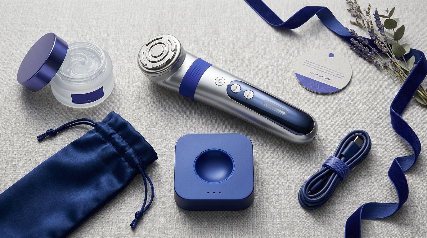 RF Lifting Wand Home Aesthetic Device flat-lay studio arrangement on neutral surface with indigo accent details and deep-blue brand cue — Australian TGA ARTG compliance guide for Korean exporters