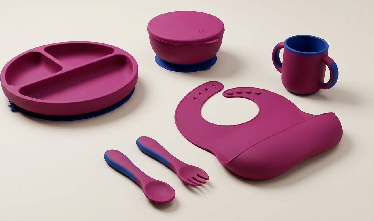 Silicone Suction Baby Feeding Dish Set editorial illustration showing suction bowl, divided plate and spoons with pink-purple and deep-blue accent palette, studio lighting