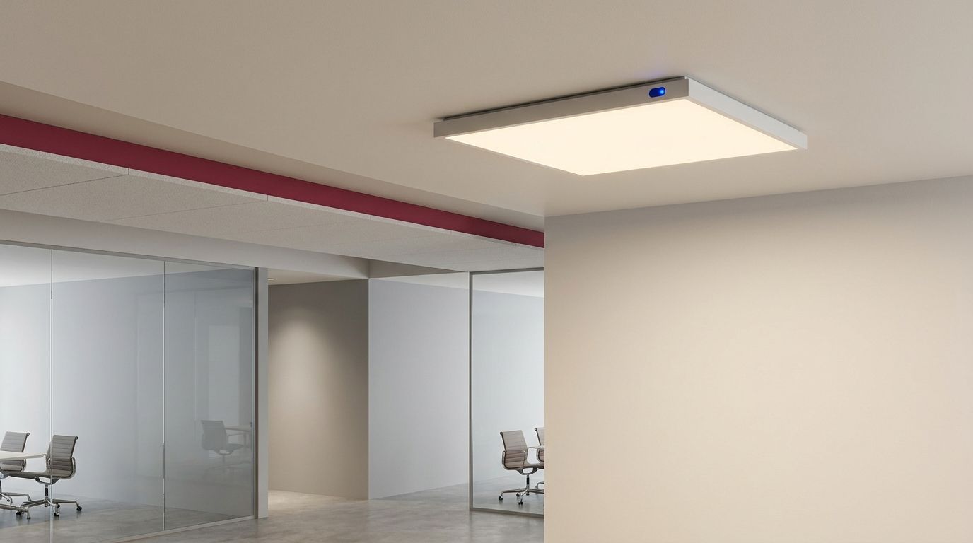 Smart LED Panel Light installed flush in a modern commercial ceiling, emitting warm-toned illumination with Singapore compliance documentation in the background