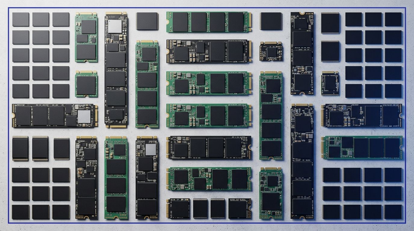 Solid-State Drive (SSD) modules and NAND flash chips arranged in a flat-lay product shot with indigo accent details, representing SSD import and US customs compliance for electronics importers