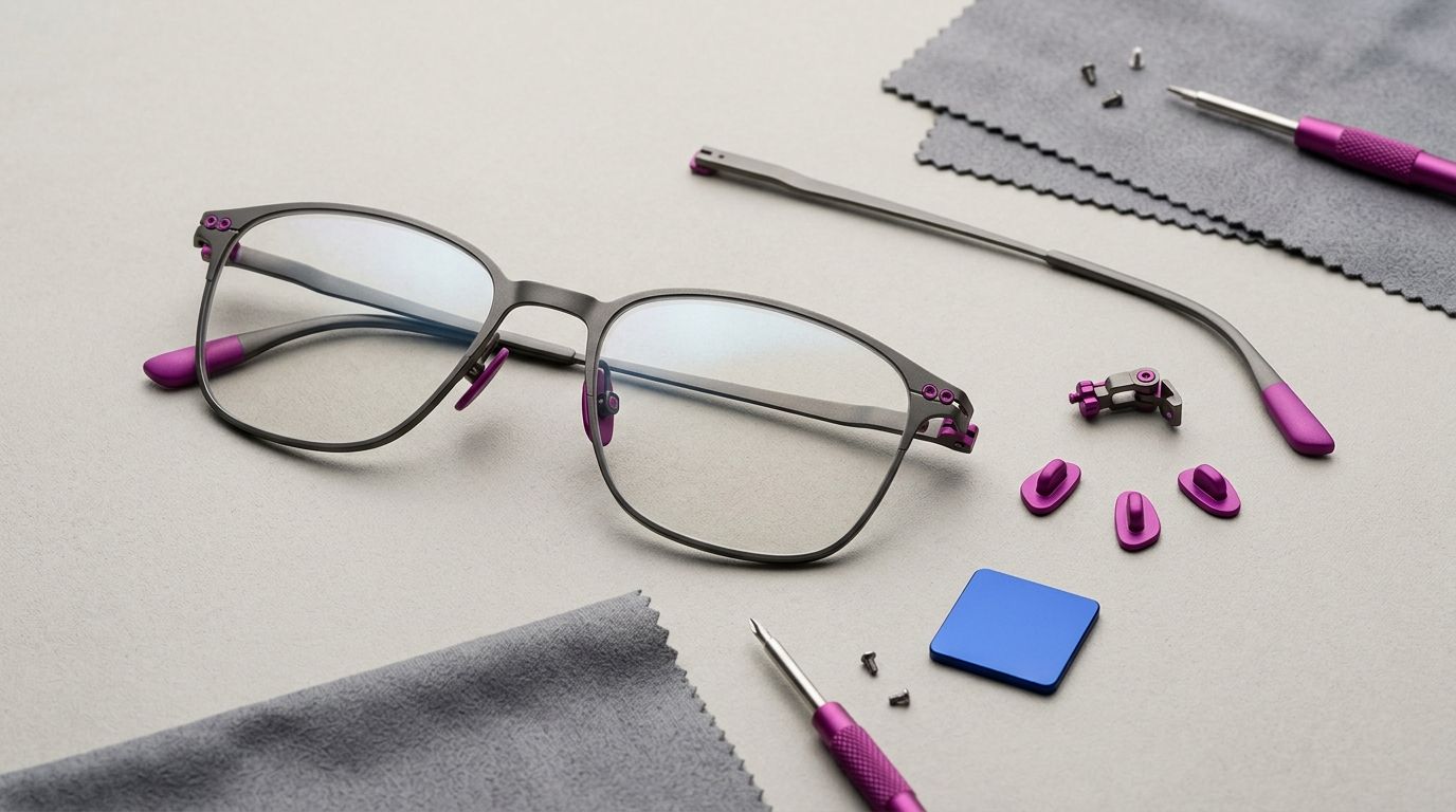 Ultra-Light Titanium Eyewear Frame flat-lay studio arrangement on neutral surface with purple accent details and deep-blue brand cue — US import compliance guide for beta-titanium spectacle frames