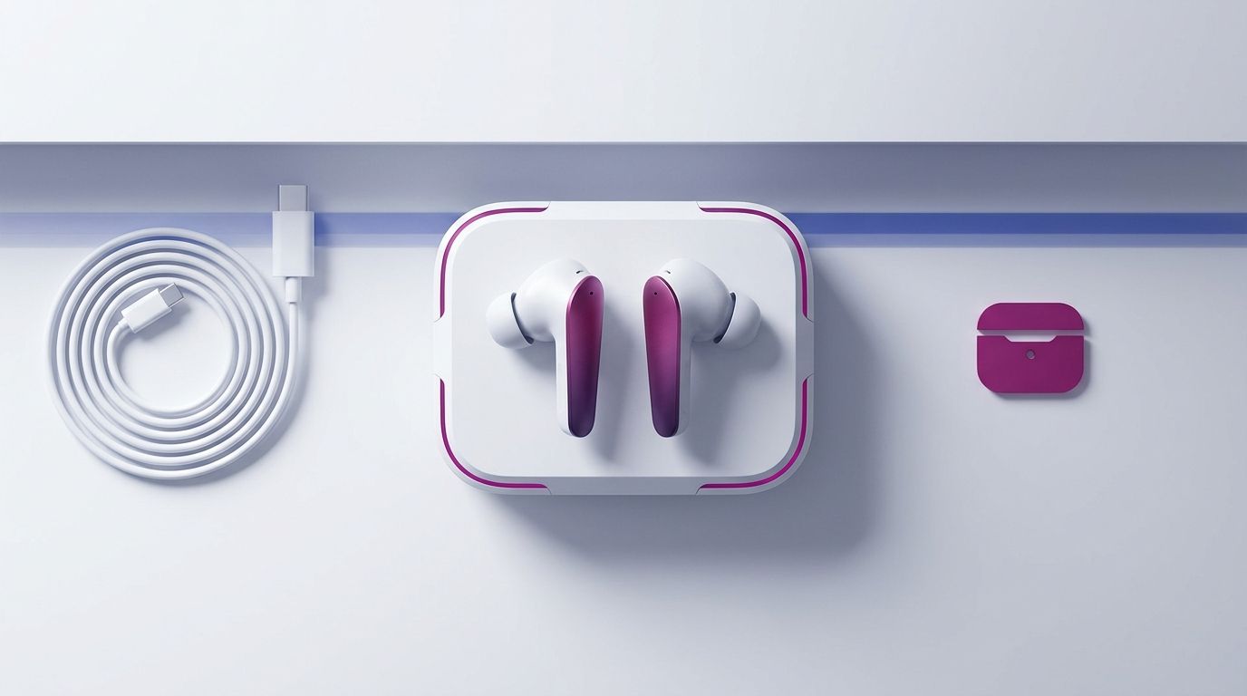 True Wireless Stereo Earbuds editorial flat-lay showing a matched pair of TWS in-ear earbuds resting on their open charging case with a coiled USB-C cable, deep-magenta accent highlights and a subtle deep-blue brand cue on a clean studio surface