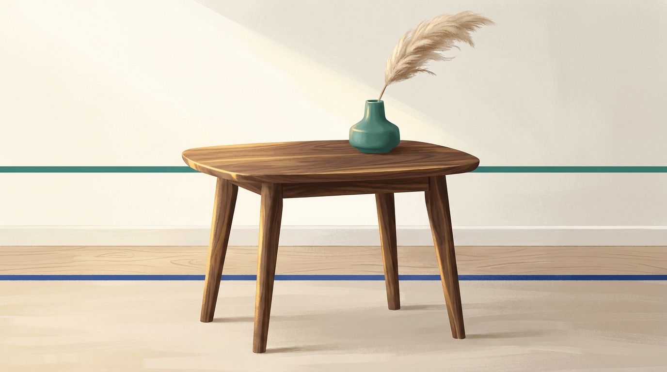 Solid walnut side table with tapered legs in a Scandinavian-style interior vignette showing rich dark walnut wood grain, teal-green accent decor and studio lighting — Korean FSC-certified Walnut Solid Wood Side Table for US import